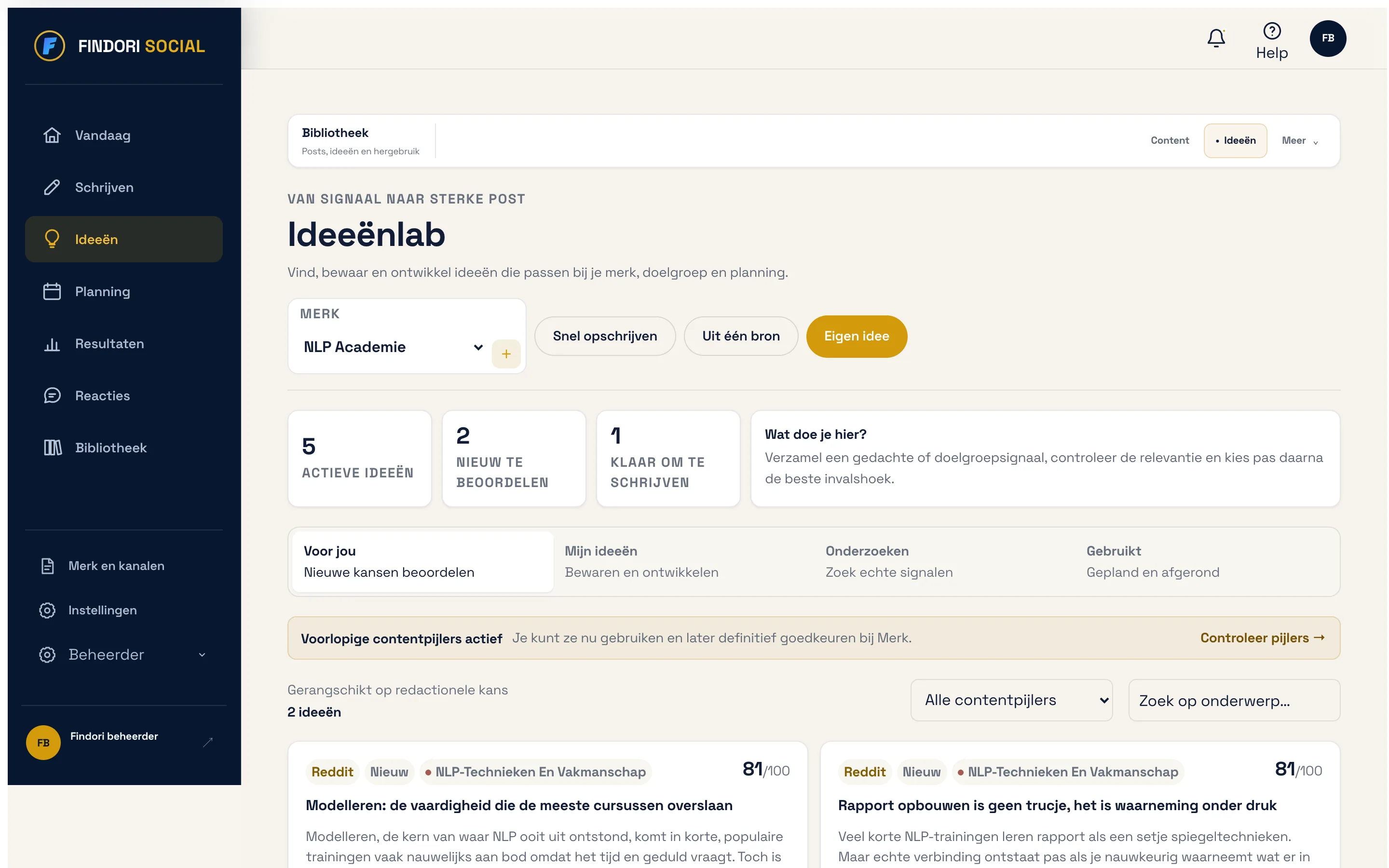 Findori Social: het ideeënlab met bron en redactionele kans per idee