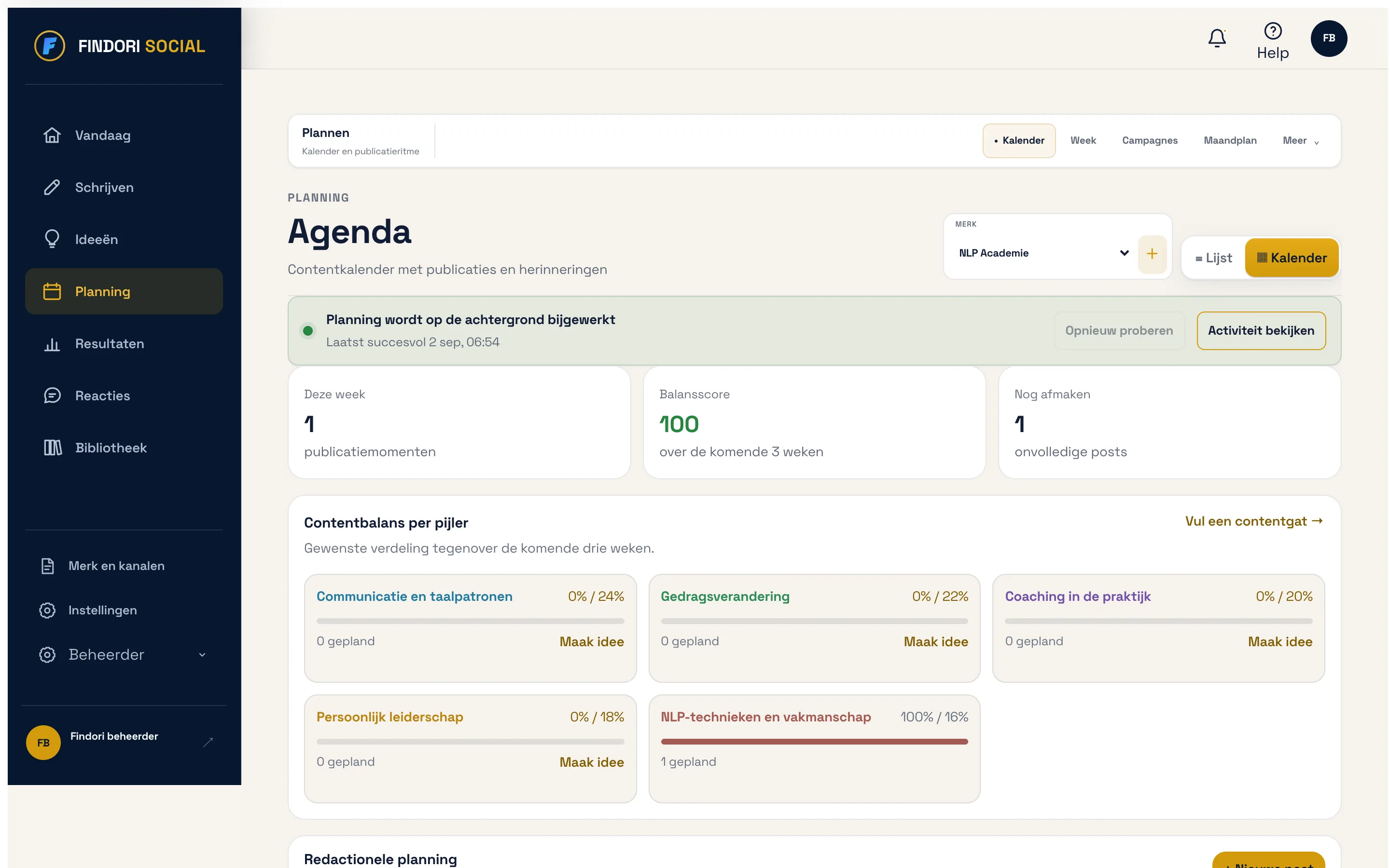 Findori Social: de planning met contentbalans per pijler