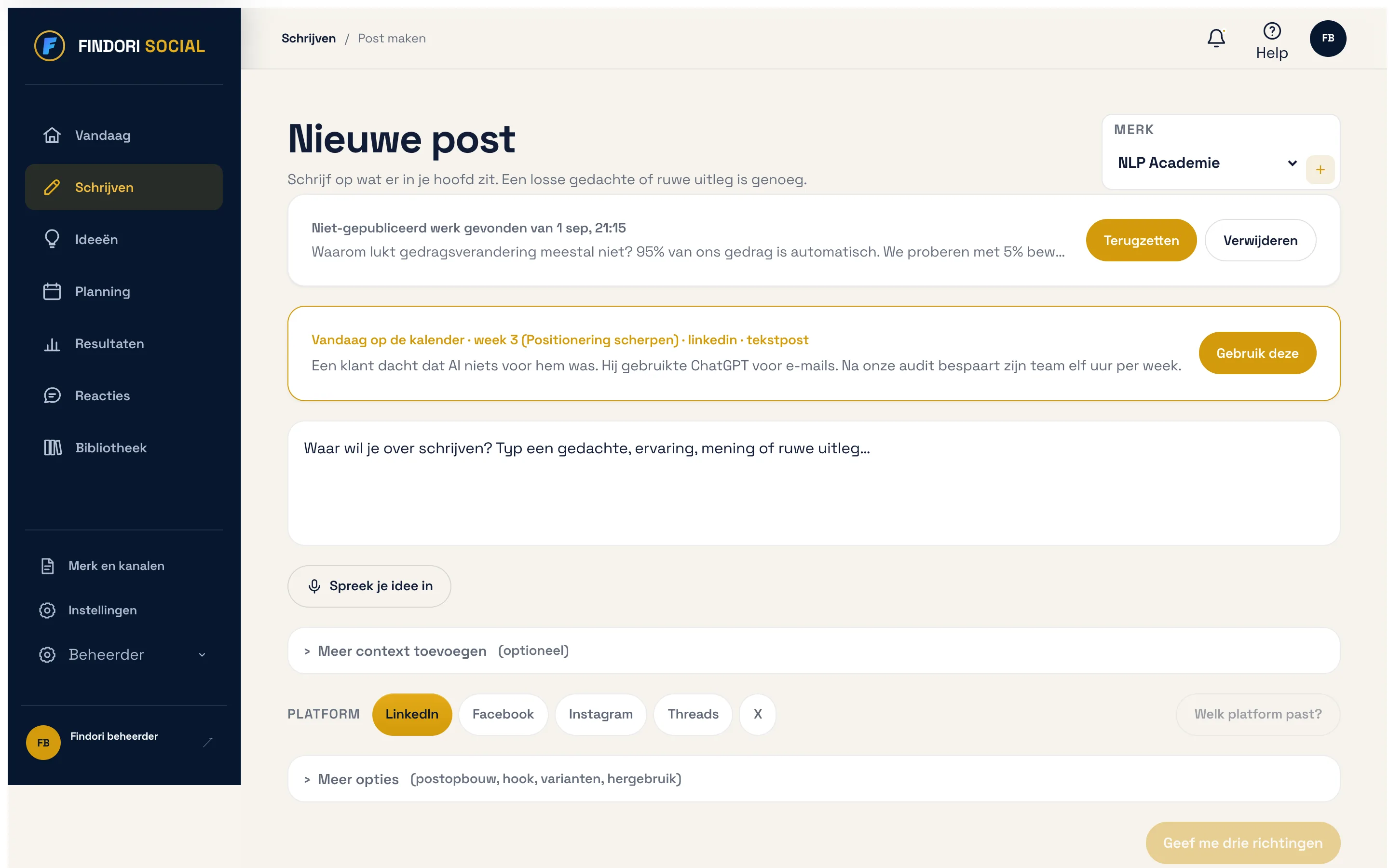 Findori Social: een nieuwe post schrijven in je eigen stem
